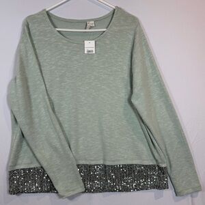 Plus Sportswear Glacier Green Sequined Hem Top 14/16W Long Sleeve Blouse-NWT